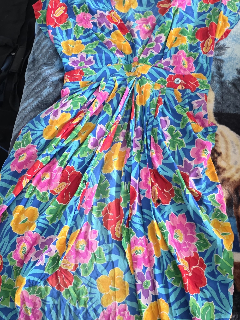 Beautiful Blue Floral One-Piece Dress with Bright Multicolor Flowers